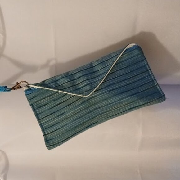 New Clutch Wristlet Wallet Teal Blue Gold Coin Purse Zippy Envelope Pouch - Picture 5 of 7